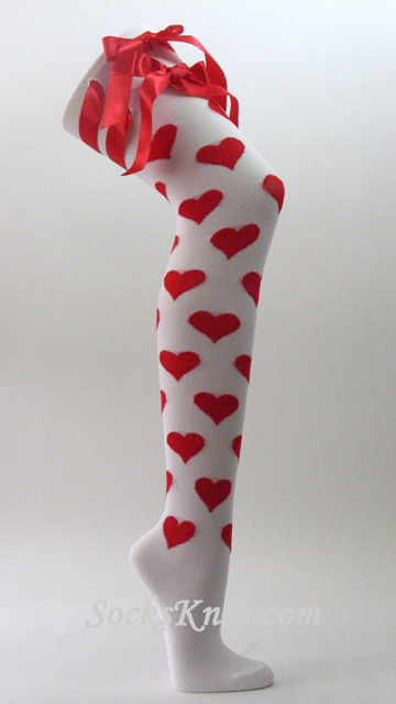 Red Ribbons and Heart on White Over Knee Socks for Women