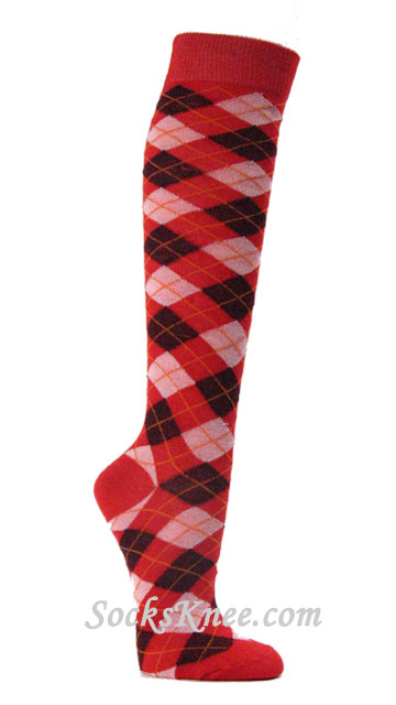 Red Maroon White Argyle Knee Socks for Women