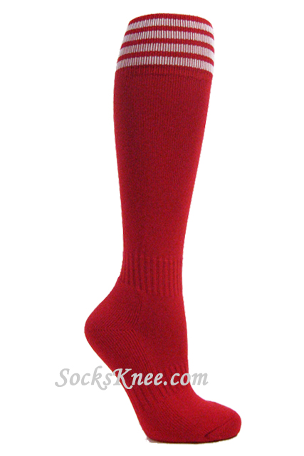 Red youth Football/Sports knee socks w white stripes - Click Image to Close