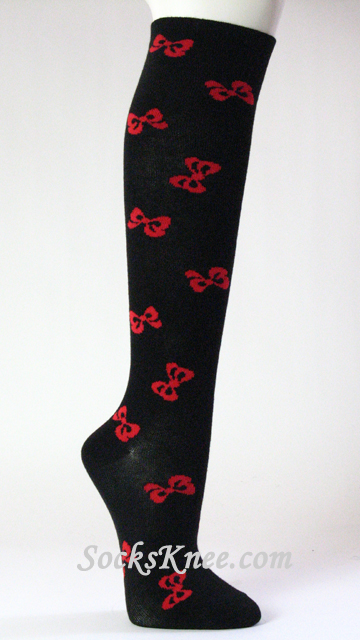 Red Ribbon Logo/Symbol Black Knee Socks for Women