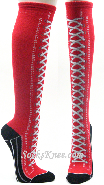 Red Lace-up Boots design high knee socks - Click Image to Close