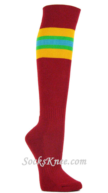 Red Stripe Socks With Gold Yellow Bright Green Blue for Sports - Click Image to Close