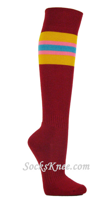 Red Stripe Socks With Gold Yellow Pink Sky Blue for Sports - Click Image to Close