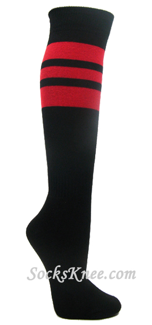 Red Stripes on Black Cotton Knee Socks for Sports - Click Image to Close