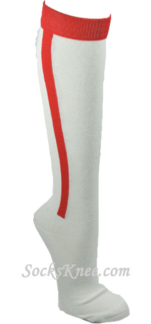 Red in white striped mens knee socks for sports - Click Image to Close