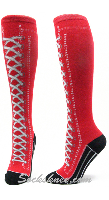 Red Lace-up Boots design kids youth high knee socks - Click Image to Close