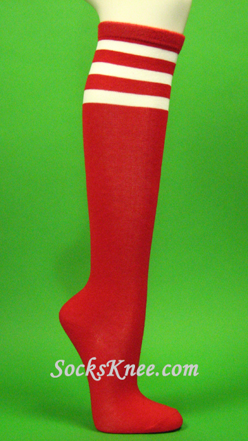 Red with 3 White Stripes Women's Knee Hi Socks