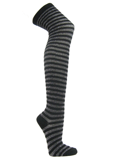 Silver black glitter sparkling striped over knee socks - Click Image to Close