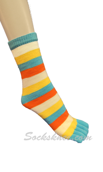 Sky Blue, Yellow, White, Orange Women Mid-Calf Striped Toe Socks