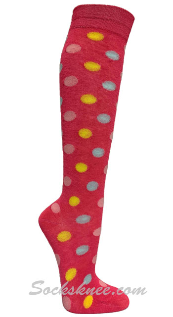 Pink / Sky / Yellow Polka Dots Bright Pink Women Knee High Socks - Click Image to Close