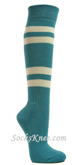 Skyblue striped knee socks w 4white stripes for sports - Click Image to Close