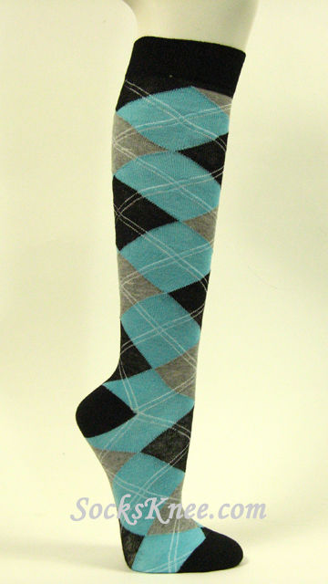 Sky Blue Gray Black Argyle High Knee Socks for Women
