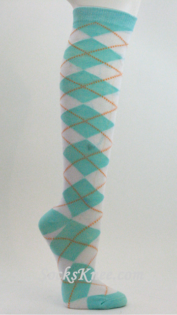 Light Sky Blue White Argyle knee sock for Women - Click Image to Close