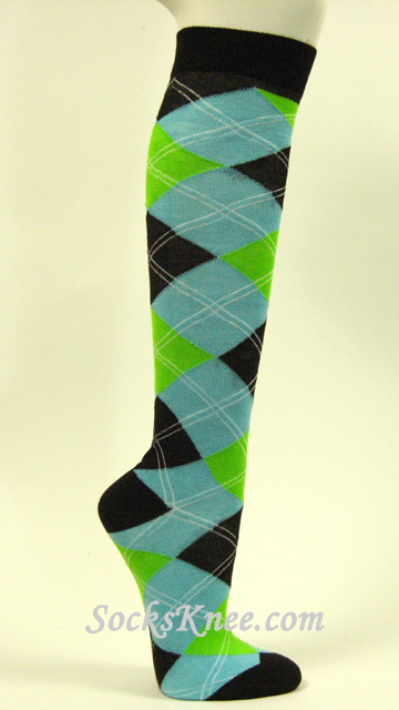 Sky Blue Lime Green Black Argyle High Knee Socks for Women - Click Image to Close