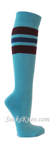 Sky blue cotton knee socks Maroon Blue striped