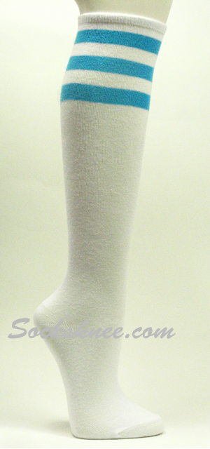 White with sky blue 3line striped knee high socks