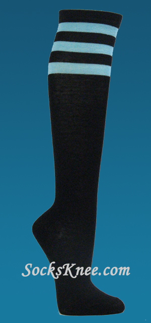 Black with Sky Blue 3line Striped Womens Knee Socks - Click Image to Close