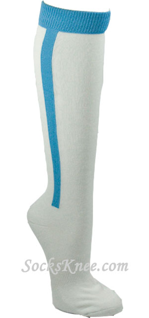 Skye blue in white striped mens knee socks for sports - Click Image to Close