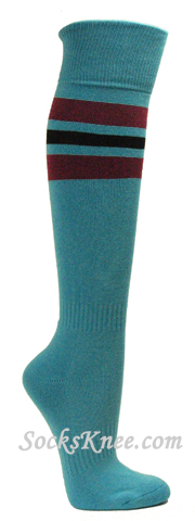 Sky Blue Black Cotton Knee Socks, Maroon Black striped - Click Image to Close