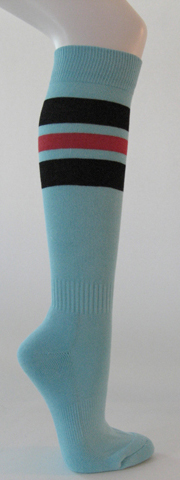Light sky blue cotton knee socks black bright pink striped - Click Image to Close