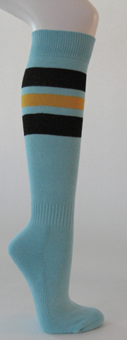 Light sky blue cotton knee socks black golden yellow striped