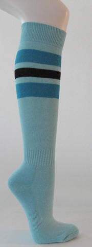 Light sky blue cotton knee socks bright blue black striped