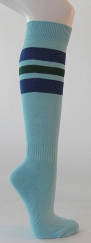 Light sky blue cotton knee socks blue dark green striped