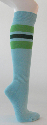 Light sky blue cotton knee socks green dark green striped - Click Image to Close