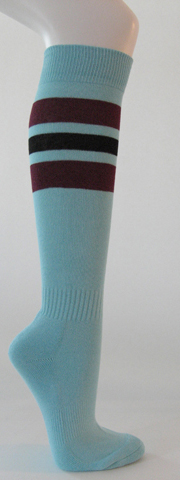Light sky blue cotton knee socks maroon black striped