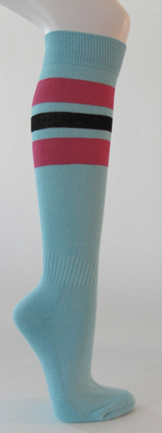 Light sky blue cotton knee socks bright pink black striped - Click Image to Close