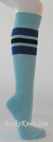 Light sky blue cotton knee socks blue black striped