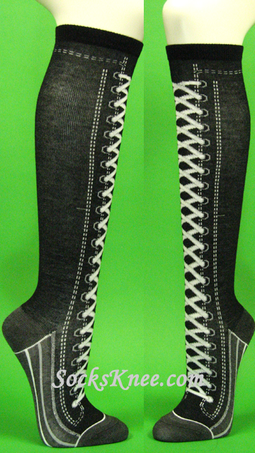 Sneaker Theme Black Knee Hi Socks for Women - Click Image to Close