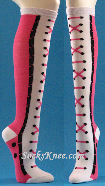 Sneaker Theme Pink/White High Socks for Women - Click Image to Close
