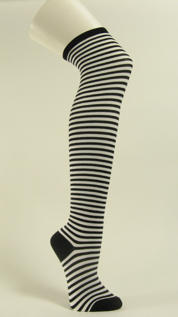 Socks over knee black white striped