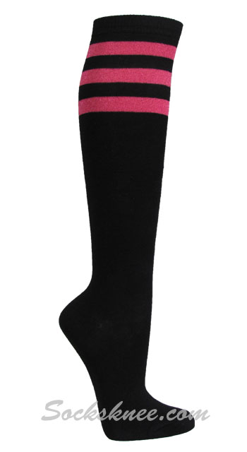Black Women 3 Sparkling Bright Pink Stripes Knee High Socks