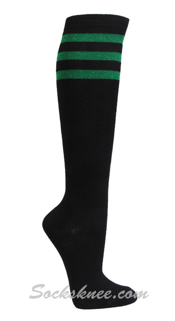 Black Women Ladies 3 Glitter Green Stripes Knee High Socks