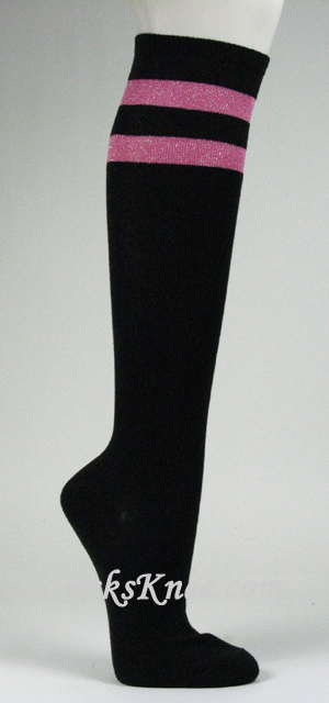 Sparkling Pink Striped Black Knee High Socks for Women