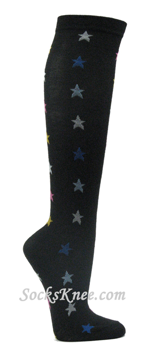 Black with Multiple Color Stars Logo / Symbol Knee Socks