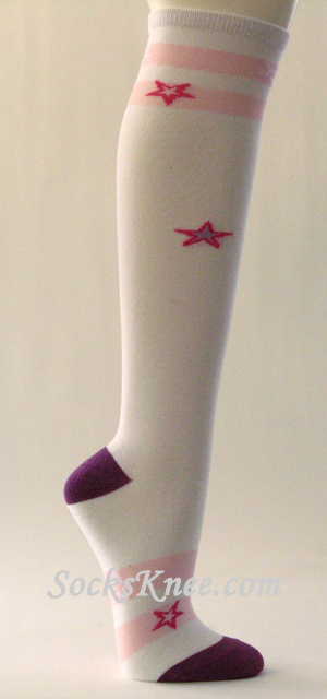 Star Logo Symbol Knee Socks with Purple Toe Heel for Women