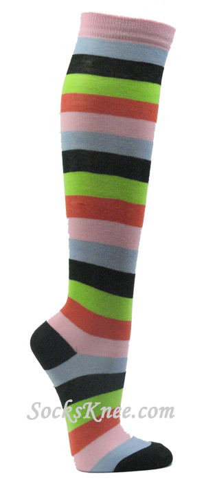 Pink Light Blue Black Lime Green Orange Stripe Knee High Socks - Click Image to Close