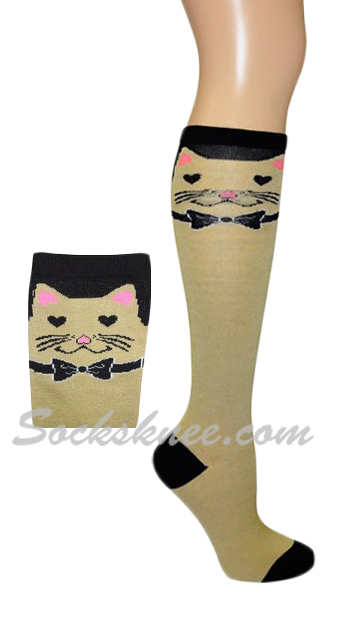 Cat with Bow Ties Taupe Knee High Fashion Socks