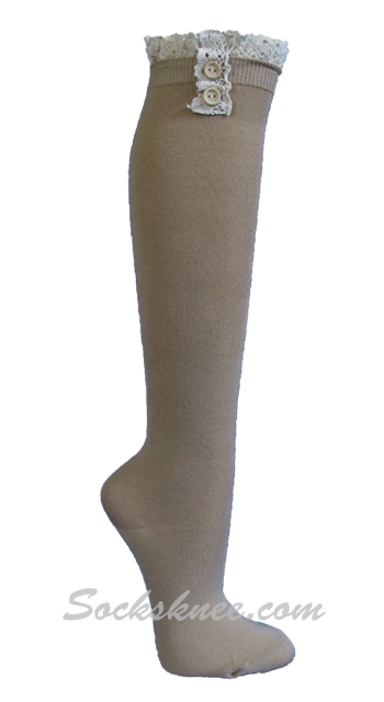Taupe Vintage style knee high sock with crochet lace