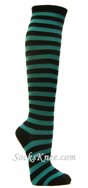 Teal black stripe womens knee socks