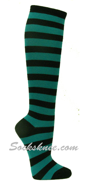Teal black stripe womens knee socks - Click Image to Close