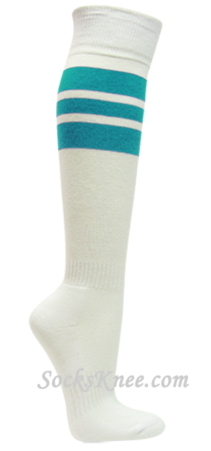 White cotton knee socks with Turquoise Blue stripes for sport