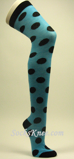 Turquoise Over Knee High Socks with Large Black Polka Dots - Click Image to Close
