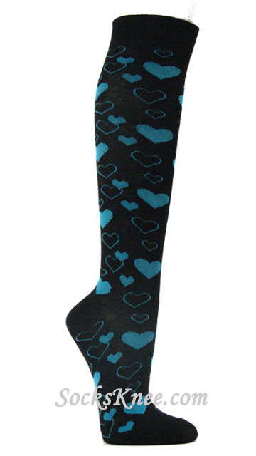 Bright Blue/Turquoise heart pattern Black Knee Sock for Women - Click Image to Close
