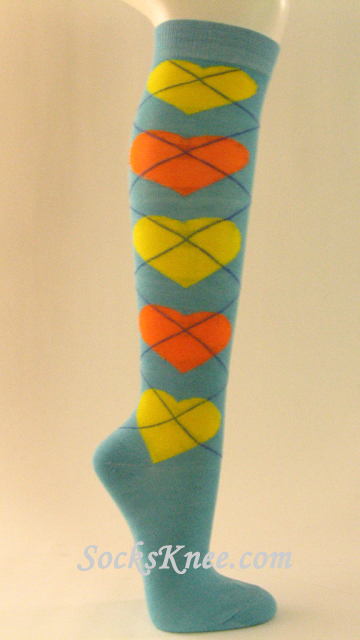 Turquoise with Yellow & Orange Hearts Knee Socks for Women - Click Image to Close