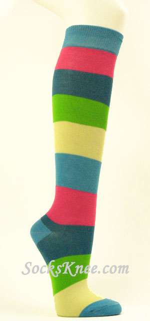 Turquoise Pink Lime Green Wider Striped Knee high socks - Click Image to Close