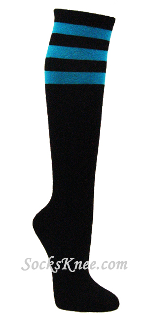Black & Turquoise Striped COUVER Quality Non-Athletic Knee Socks - Click Image to Close